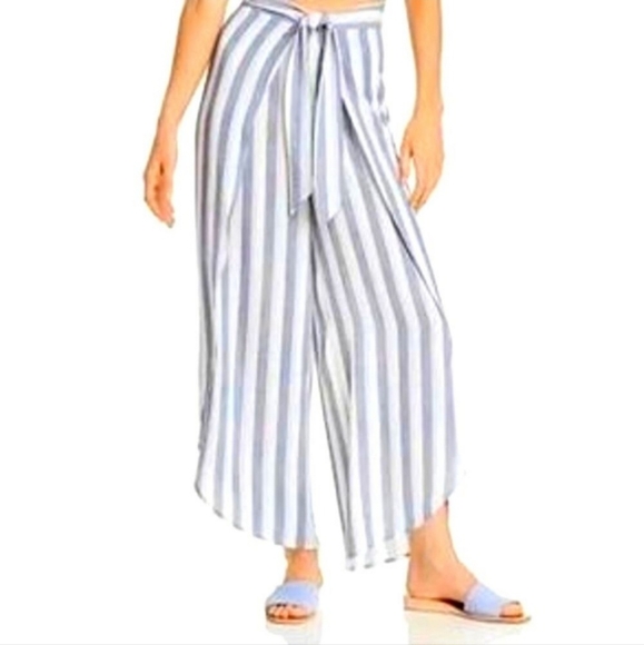 Aqua Pants - Aqua by Bloomingdale's Flowy High-Waisted Striped Wrap Tie Pants - Blue & White